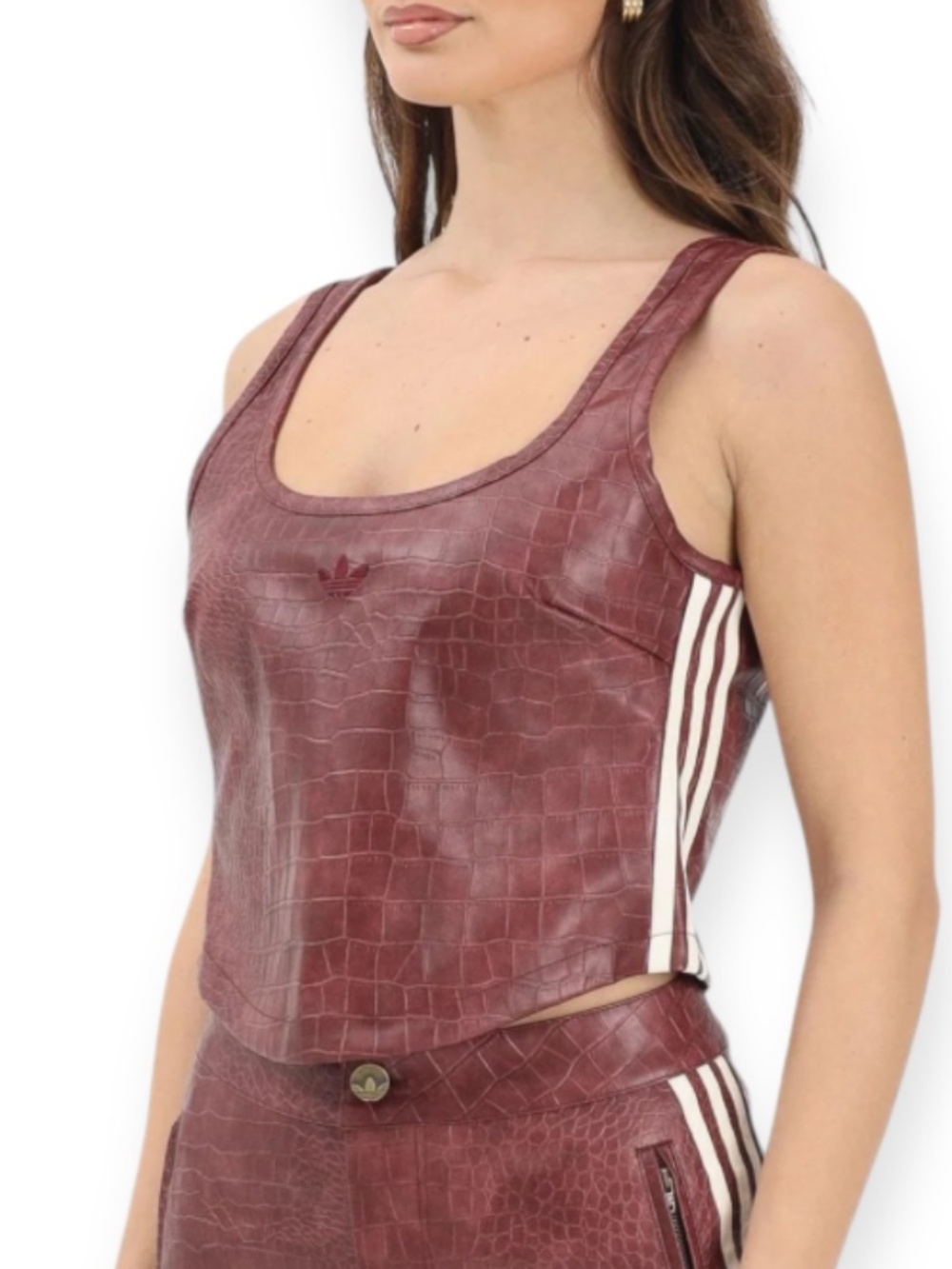 NEW Adidas Pleather Corset Burgundy Red Faux Leather Reptile Croc Crop Top 6